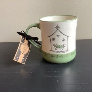 NWT Peppermint & Pine Nativity Scene “oh come let us…” Handpainted Mug